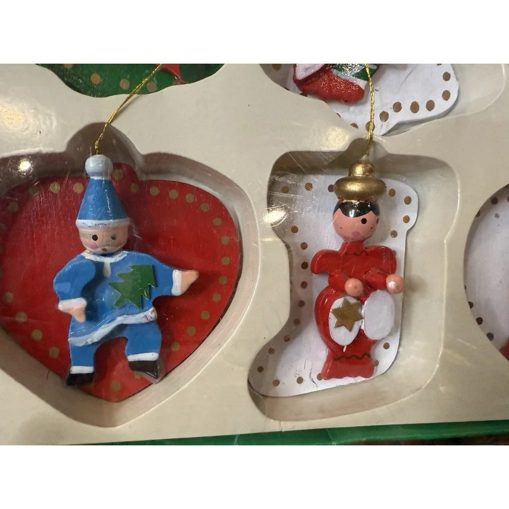 Vintage Christmas 12 Wooden Ornaments Hand Made Hand Painted 3-4